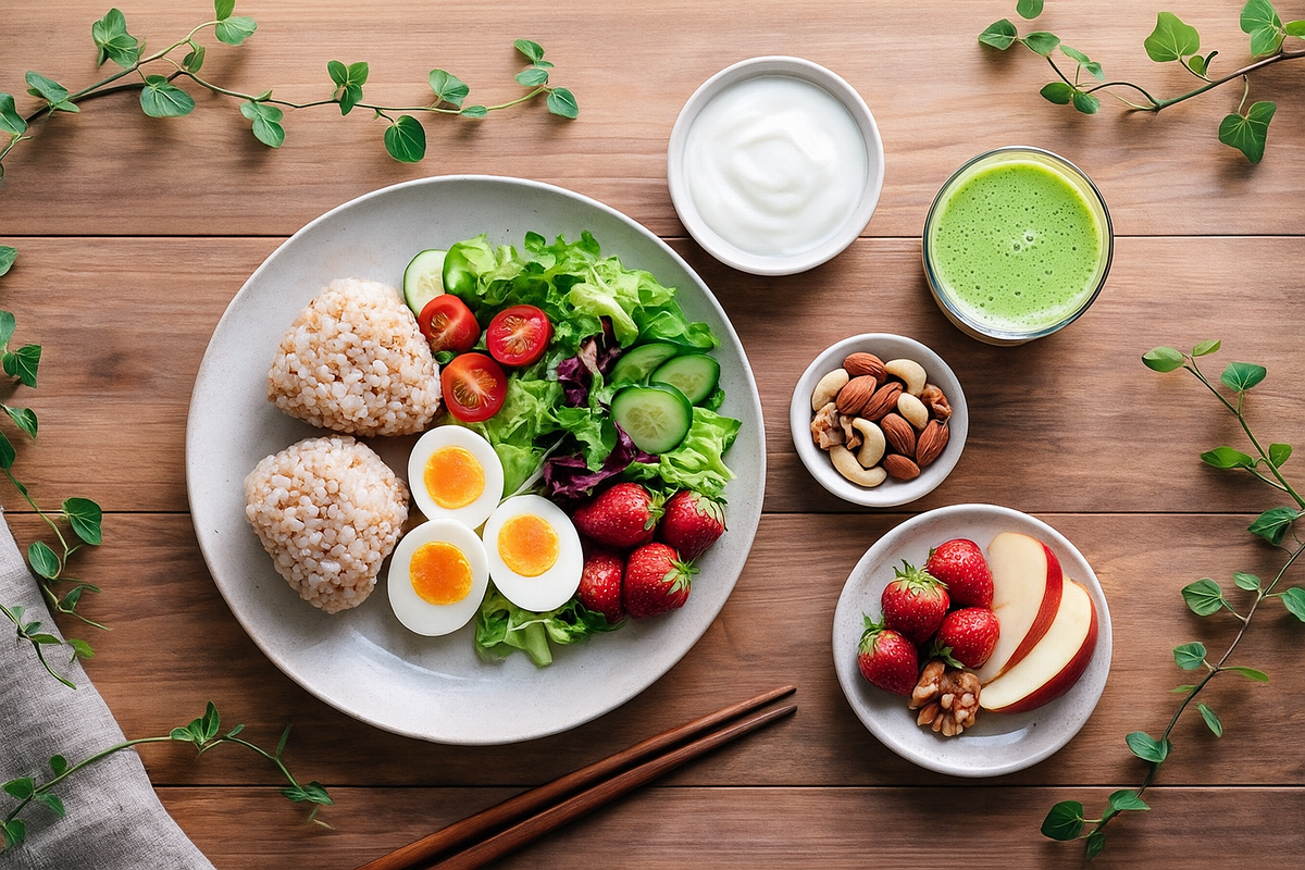 血糖値の乱高下を防ぐ食習慣をイメージした食事と食材の写真