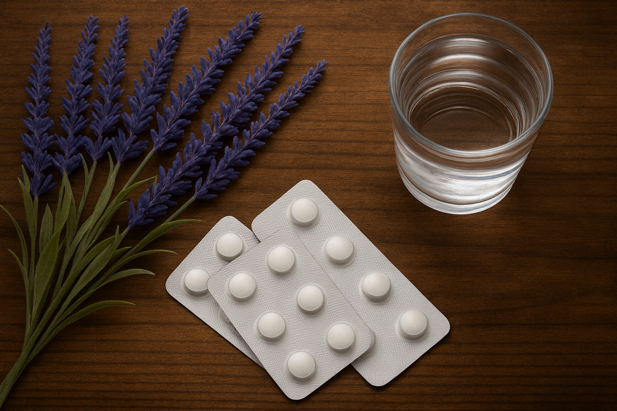 ラベンダーと錠剤、水のグラスが置かれたアイキャッチ画像｜足底筋膜炎の治療と向き合い方を表す構図