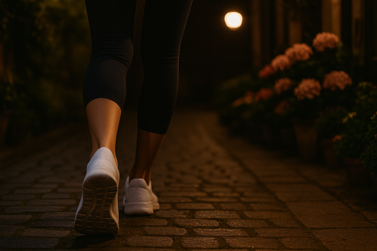 夜の石畳を白いスニーカーで歩く女性の足元。街灯の光と花壇が並ぶ道の夜ウォーキング風景。