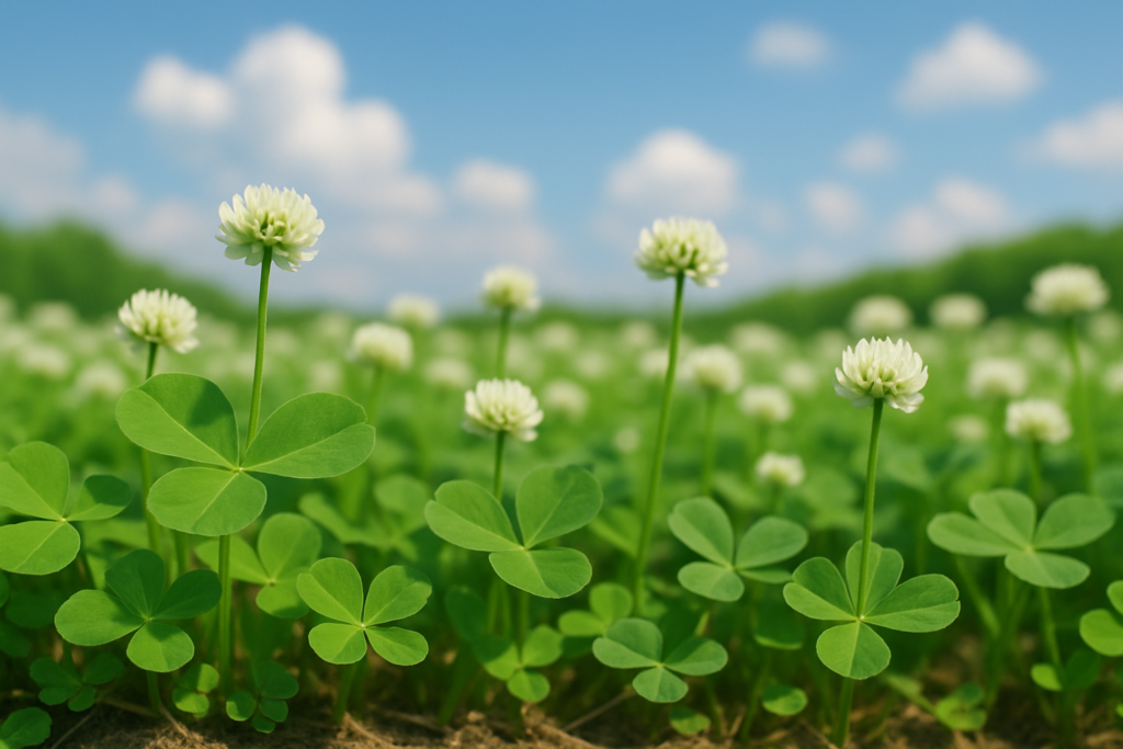 ウォーキングが楽しくなるような明るい日差しとクローバー畑の写真