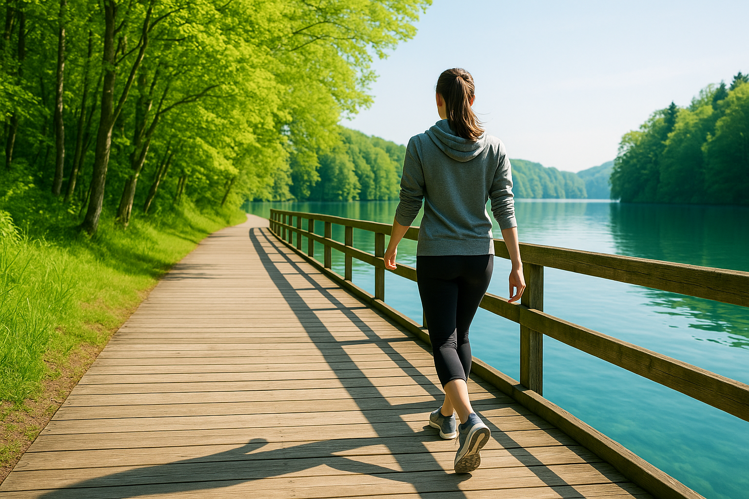 川沿いをウォーキングする女性の後ろ姿の写真。歩く習慣をテーマにした記事のアイキャッチ画像