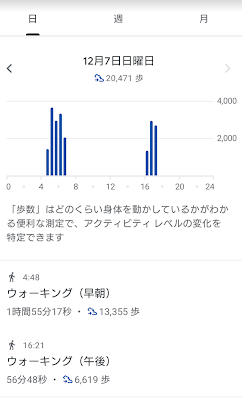 Google Fitで記録したDay1のウォーキング歩数合計20,465歩のスクリーンショット