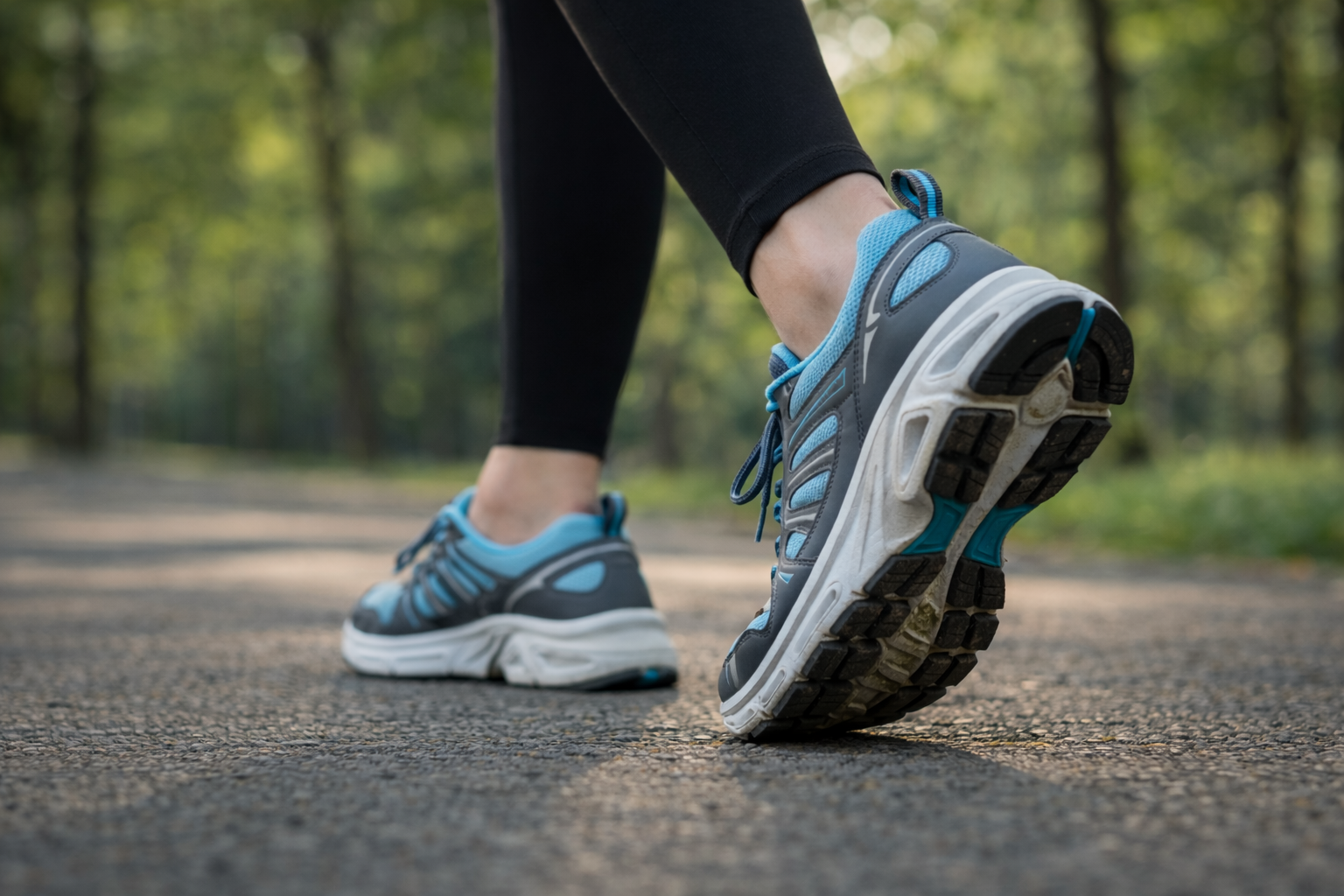 ウォーキング中の足元とスニーカーのソール。公園や遊歩道を歩く日常的なウォーキングの様子